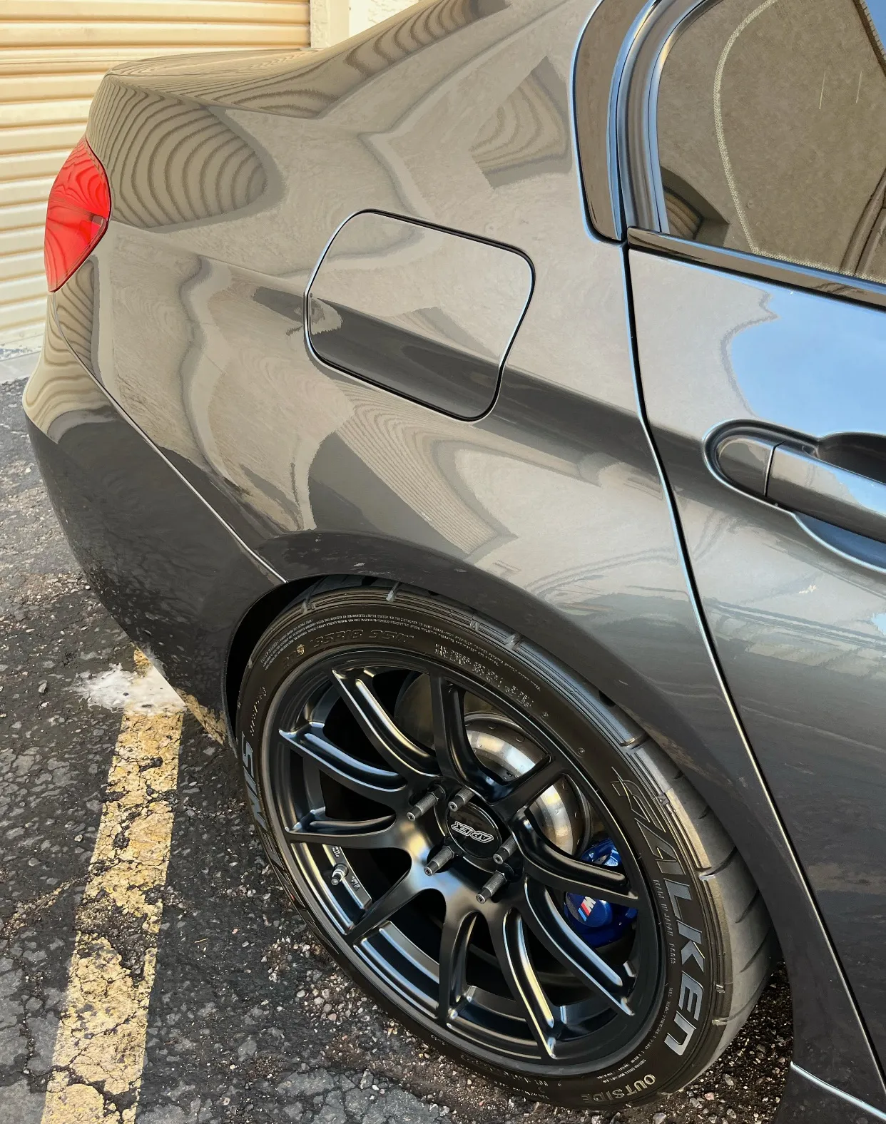 Freshly cleaned wheels and dressed tires after a detail
