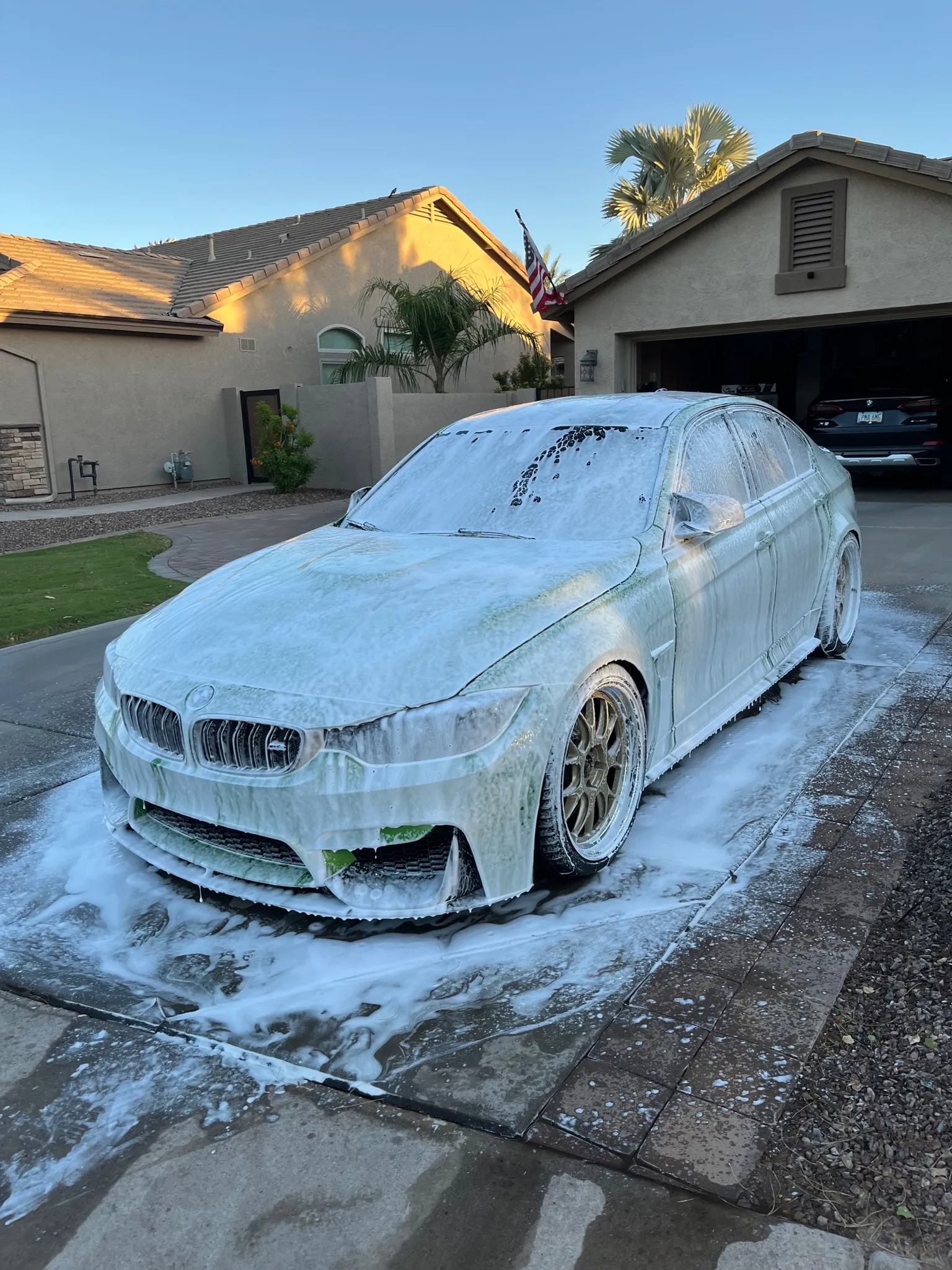 Vehicle showing the finished result of a full detail in a shared parking area